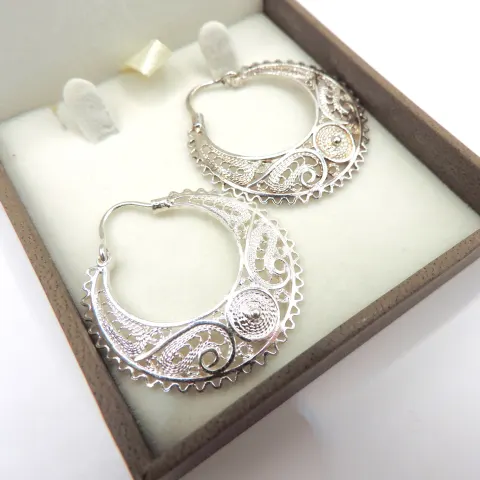 Artisan Sterling Silver Filigree Hoop Earrings New With Gift Box