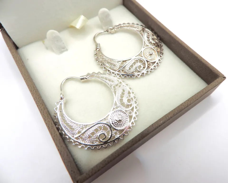 Artisan Sterling Silver Filigree Hoop Earrings New With Gift Box