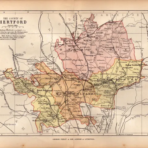 County of Hertfordshire 1895 Antique Victorian Coloured Map.