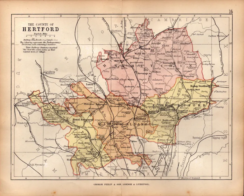 County of Hertfordshire 1895 Antique Victorian Coloured Map.