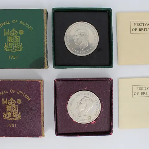 Pair of George VI Festival of Britain 1951 Cased Five Shilling Coins
