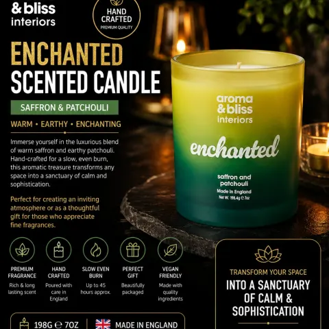 Enchanted Saffron & Patchouli Scented Candle – Handcrafted Luxury Soy Wax Candle | Warm, Earthy Frag