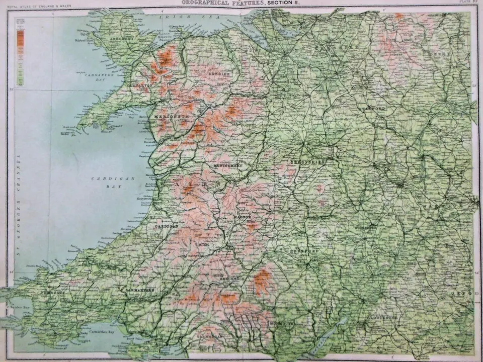 Victorian 1897  Orographical Map Wales, Hereford, Gloucester, Oxford.