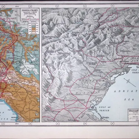 WW1 Italian Front East & The Isonzo Front Battle Lines Antique Map