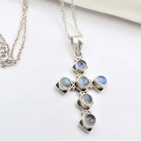  Vintage Sterling Silver Moonstone Cross Pendant Necklace