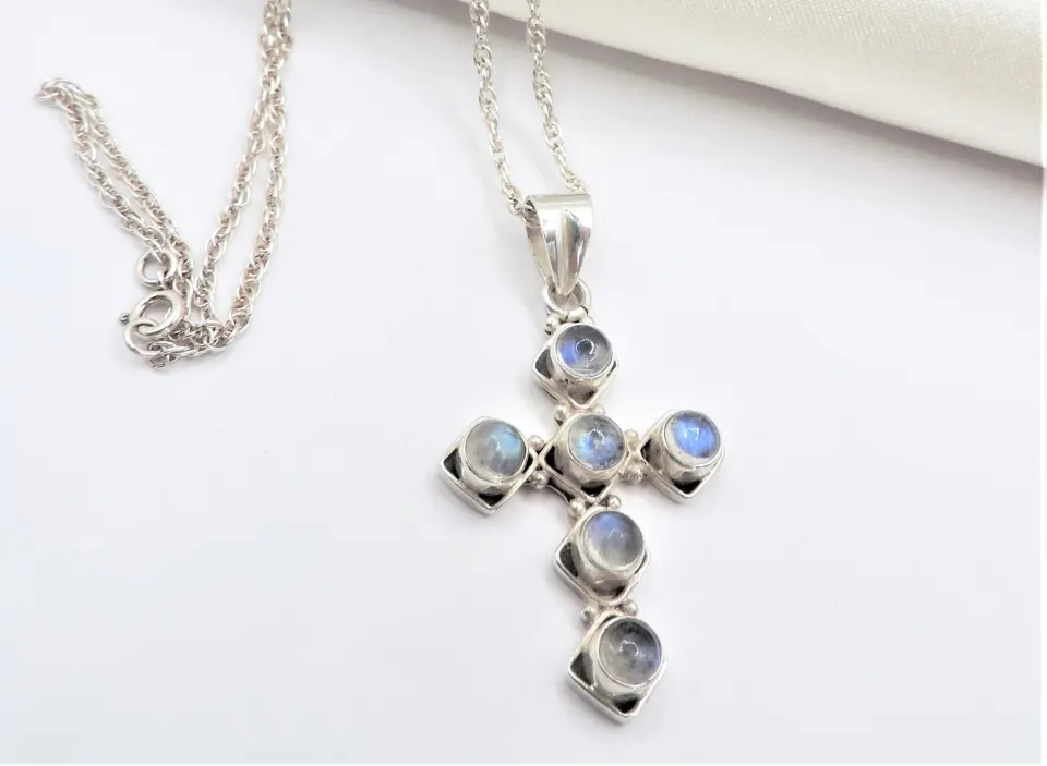  Vintage Sterling Silver Moonstone Cross Pendant Necklace