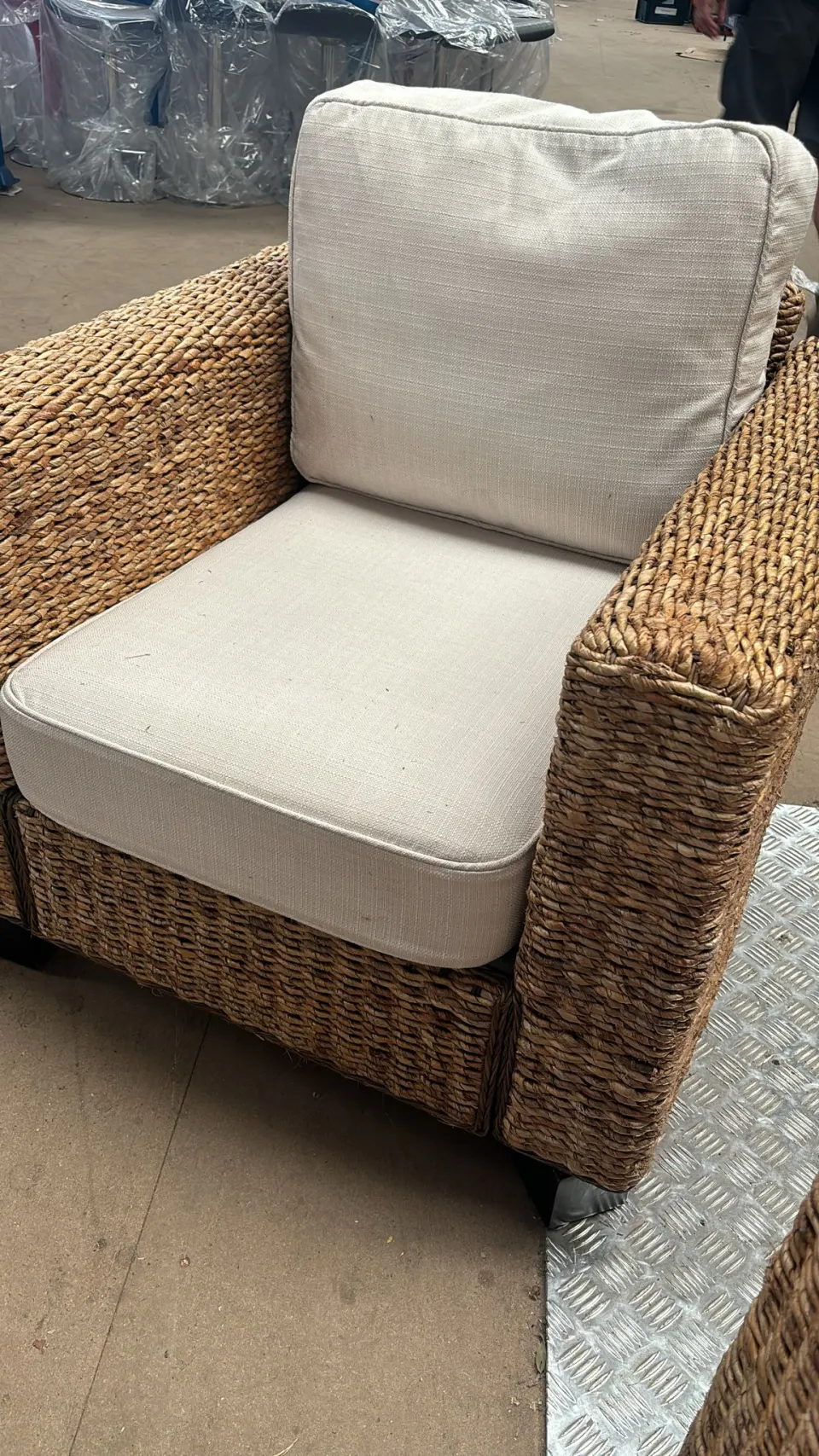 Pair of Natural Rattan Chairs with Deep Piled Cushions