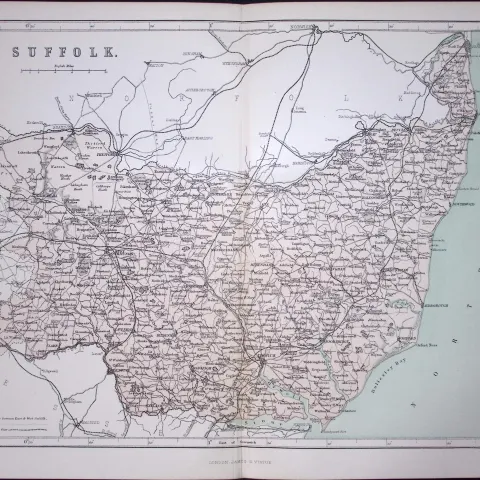 County Suffolk 150 Years-Old 1875 Coloured Detailed Antique 1875 Map-61