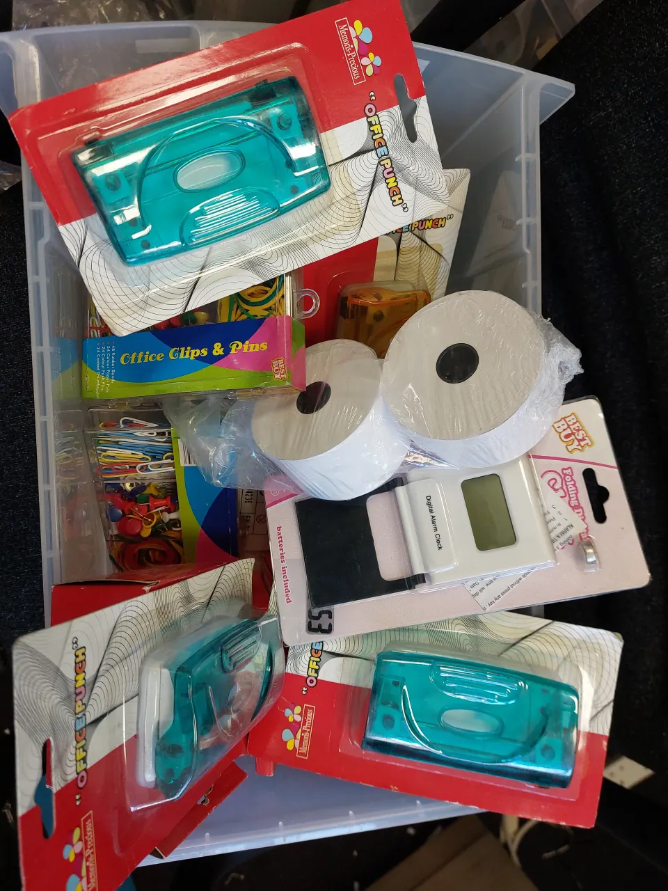 Till rolls, hole punches,  post sponges, mini folding clocks plus more in mixed box