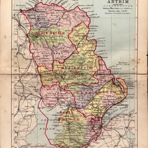 County of Antrim Ireland Antique Detailed Coloured Victorian Map.