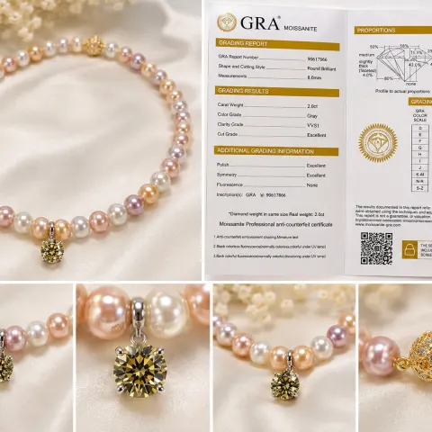 Pastel Pearl Necklace 8mm with 2.00ct Grey Moissanite – GRA Certificate