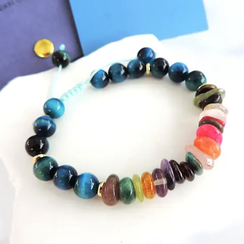 Nikki & Me Blue Tigers Eye & Multi Colour Gemstone Bracelet 'New With Gift Pouch'