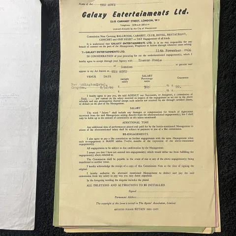 An Entertainment Contract Naming Nems & Cliff Bennet and The Rebel Rousers - From 1966