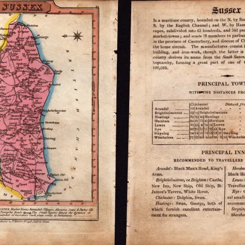 Sussex Engraved Hand Coloured King George IV Antique Map & Text.