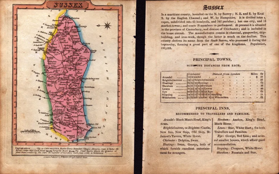 Sussex Engraved Hand Coloured King George IV Antique Map & Text.