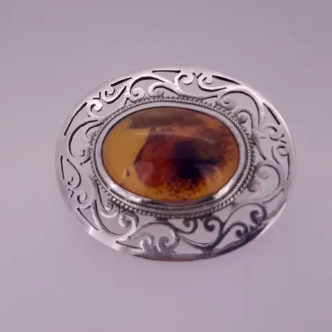 Silver Broach Set With Oval Cabochon Natural Amber
