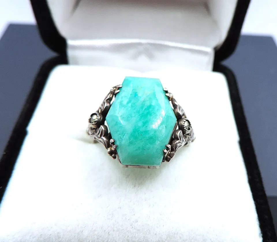 Artisan Sterling Silver Amazonite Ring With Gift Pouch