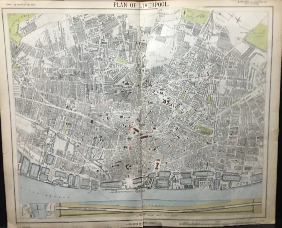 Plan of The City Of Liverpool Letts 1884 Antique Detailed Coloured Map.