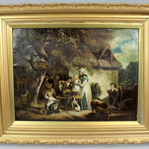 Early 19th c. Country Genre Scene Oil on Canvas