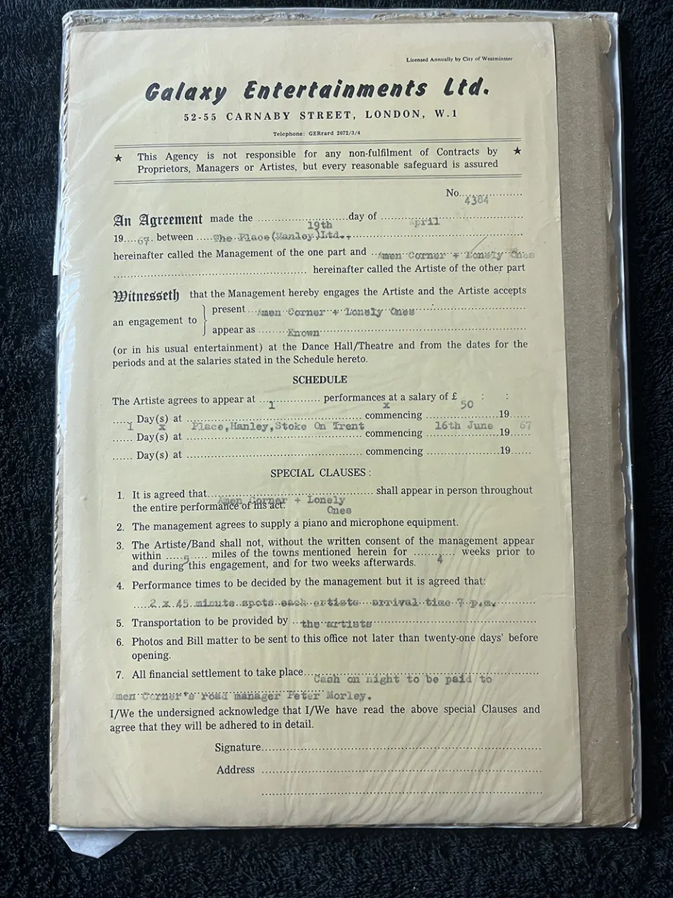 An Entertainment Contract Naming The Troggs - Dated 1967