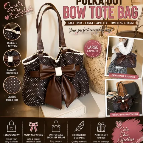Women’s Brown Polka Dot Bow Tote Bag | Large Capacity Lace Trim Shoulder Handbag | Coquette Y2K Styl