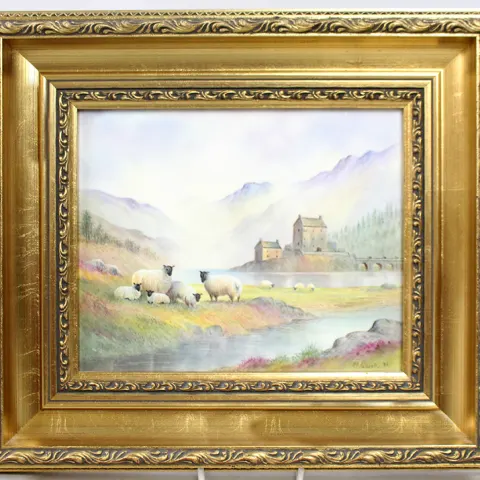 Hand Painted Porcelain Plaque by M.Powell Set in Gilt Frame