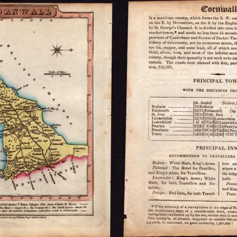 Cornwall Engraved Hand Coloured George IV Antique Map & Text.