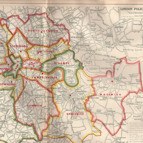 Bacons Vintage London & Suburbs Metropolitan Police Courts Coloured Map.