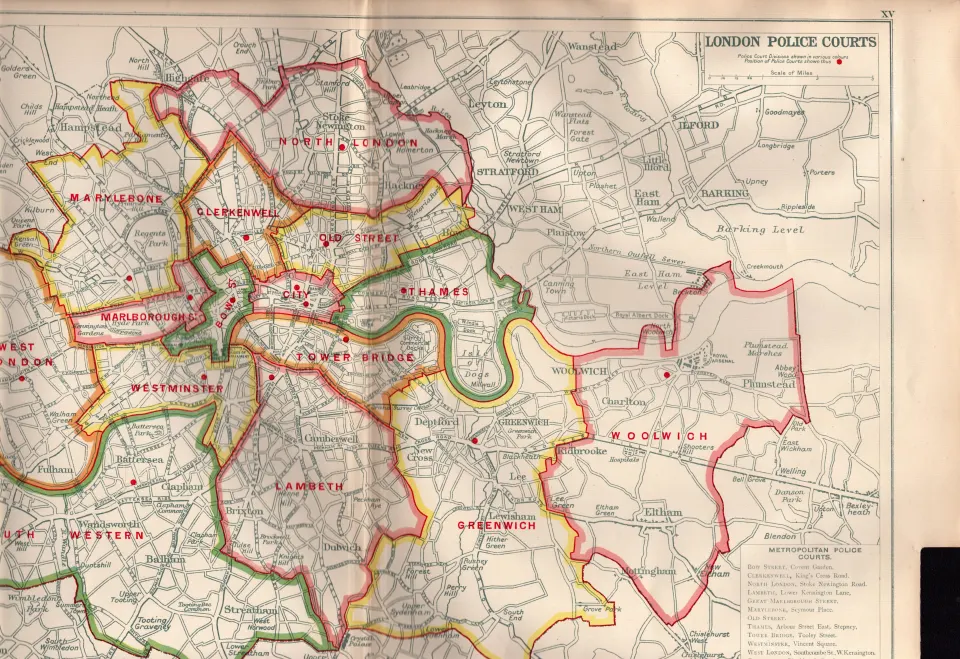 Bacons Vintage London & Suburbs Metropolitan Police Courts Coloured Map.
