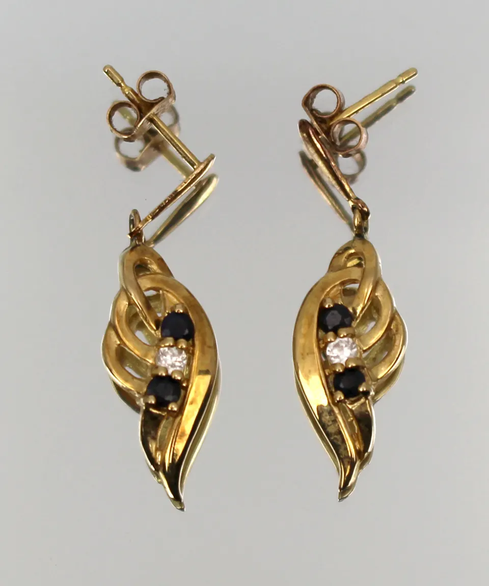 Vintage 9ct Gold Drop Earrings – Sapphire and Diamond Accents