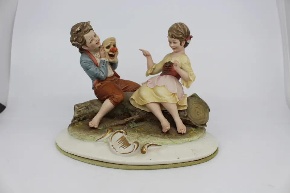 Capodimonte Figurine Girl & Boy with Clown Mask by Merli