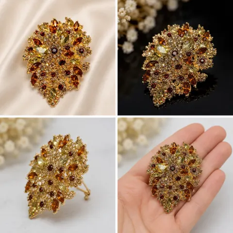 Gold-Tone Floral Crystal Statement Brooch