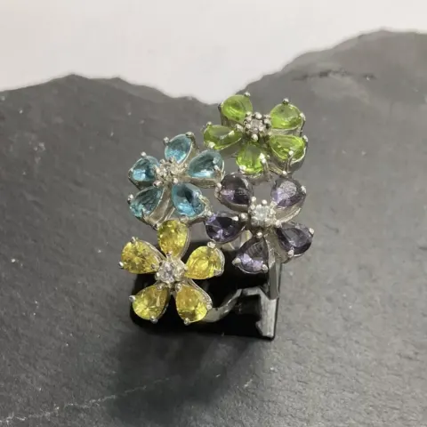 Very Impressive Vintage Multi Gemstone Floral Statement Ring Size P US7