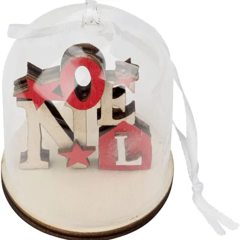 6 x SMALL GLASS DOME & WOOD CHRISTMAS DECORATION (RED TONES NOEL)