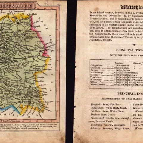 Wiltshire Engraved Hand Coloured George IV Antique Map & Text.