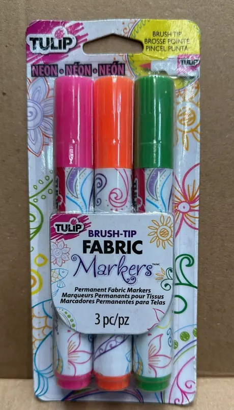 5 x Tulip Brush Tip Permanent Fabric Markers Neon Colours 3 Pack Pink, Green, Orange
