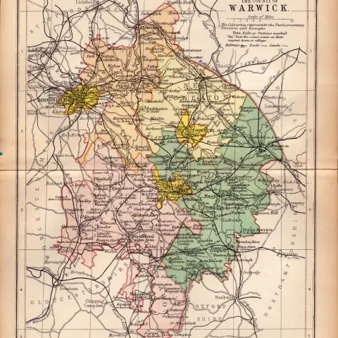 County of Warwickshire 1895 Antique Victorian Coloured Map.