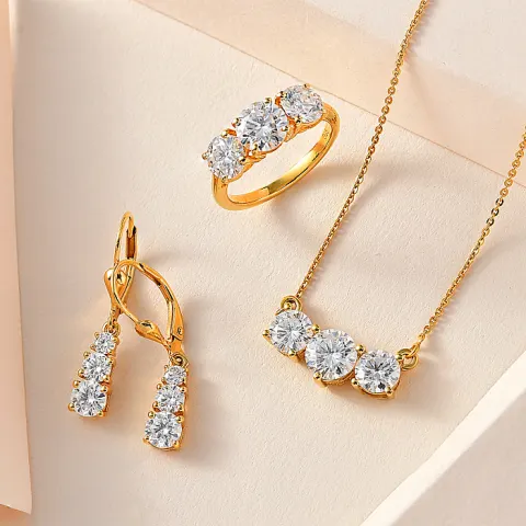 NEW! 3 Piece Set - Moissanite 3 Stone Ring, Earrings and Necklace