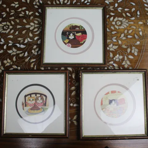 Collection of 3 Small Linda Jane Smith Cat Prints Framed