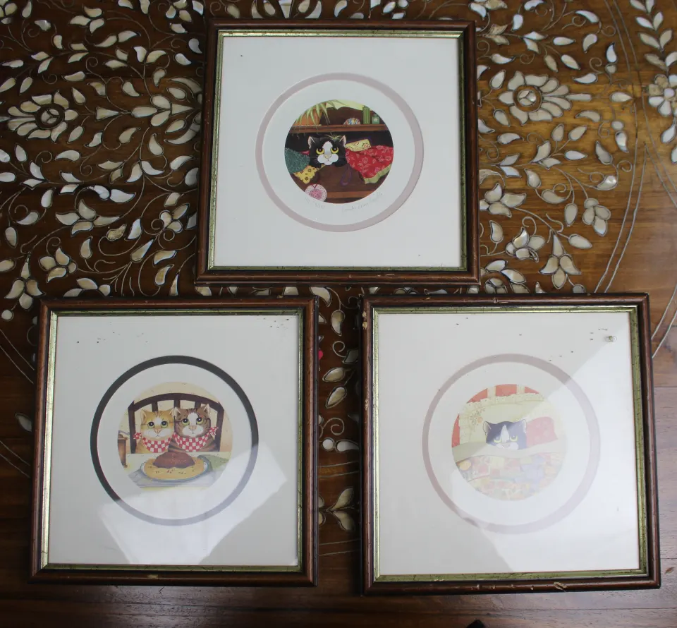 Collection of 3 Small Linda Jane Smith Cat Prints Framed