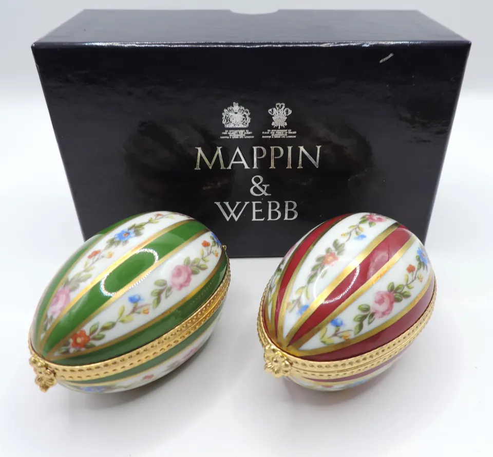 Pair Vintage Limoges France Dubarry Porcelain Eggs In Mappin & Webb Gift Box