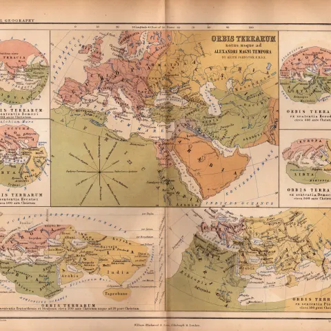 Antique Coloured Map “Orbis Veteribus Notus” Map of the Known World.