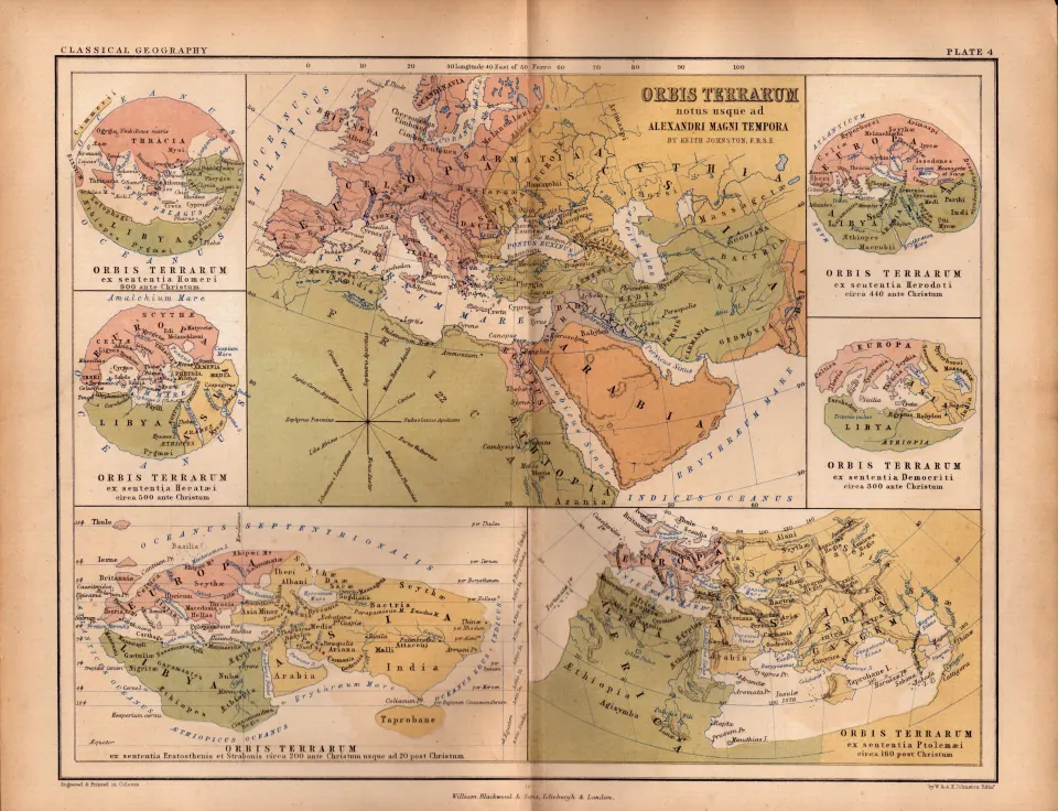 Antique Coloured Map “Orbis Veteribus Notus” Map of the Known World.