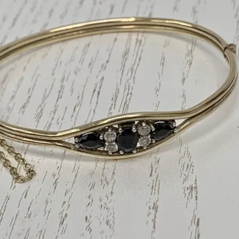 9ct 25 Microns Yellow Gold Bangle, Black & Clear Stones - Vintage Design, 988gm