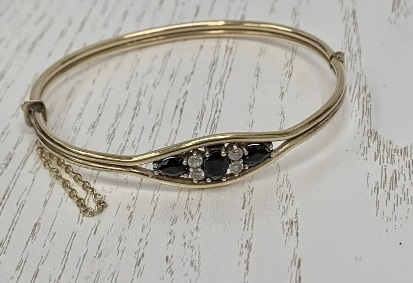 9ct 25 Microns Yellow Gold Bangle, Black & Clear Stones - Vintage Design, 988gm