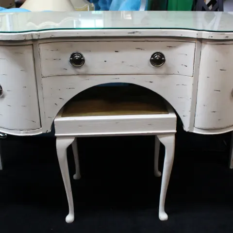 Vintage Painted Dressing Table with Stool – Distressed Cream Finish, Glass Top