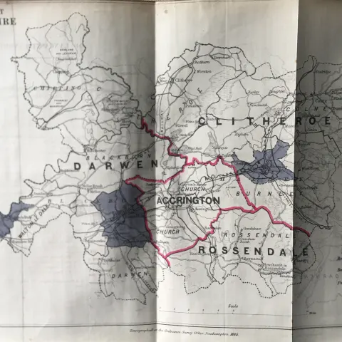 Antique 139 Years-Old Scarce Map North-East Lancashire 1885 Boundary Changes.