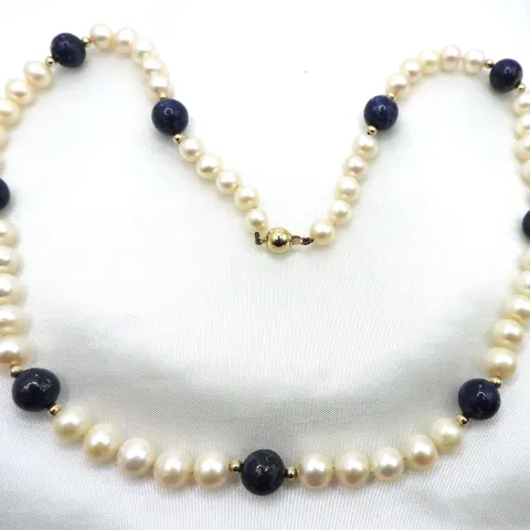 Cultured Pearl Lapis Lazuli Necklace 14K Gold Clasp