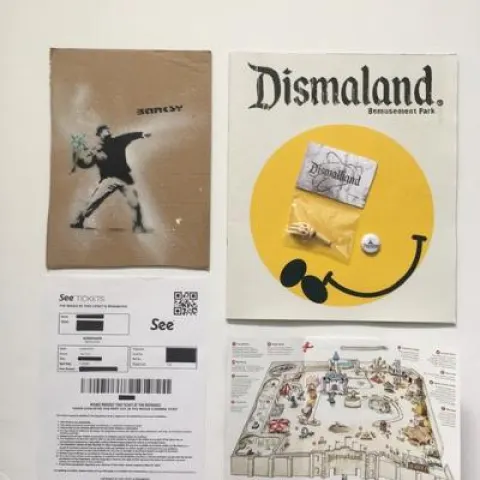 Banksy - Six WSM Dismaland Bemusement Park Souvenirs including found Banksy ‘free art’ 2015