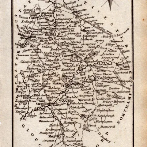 Warwickshire Antique Copper Engraved George IV Map by Sidney Hall.